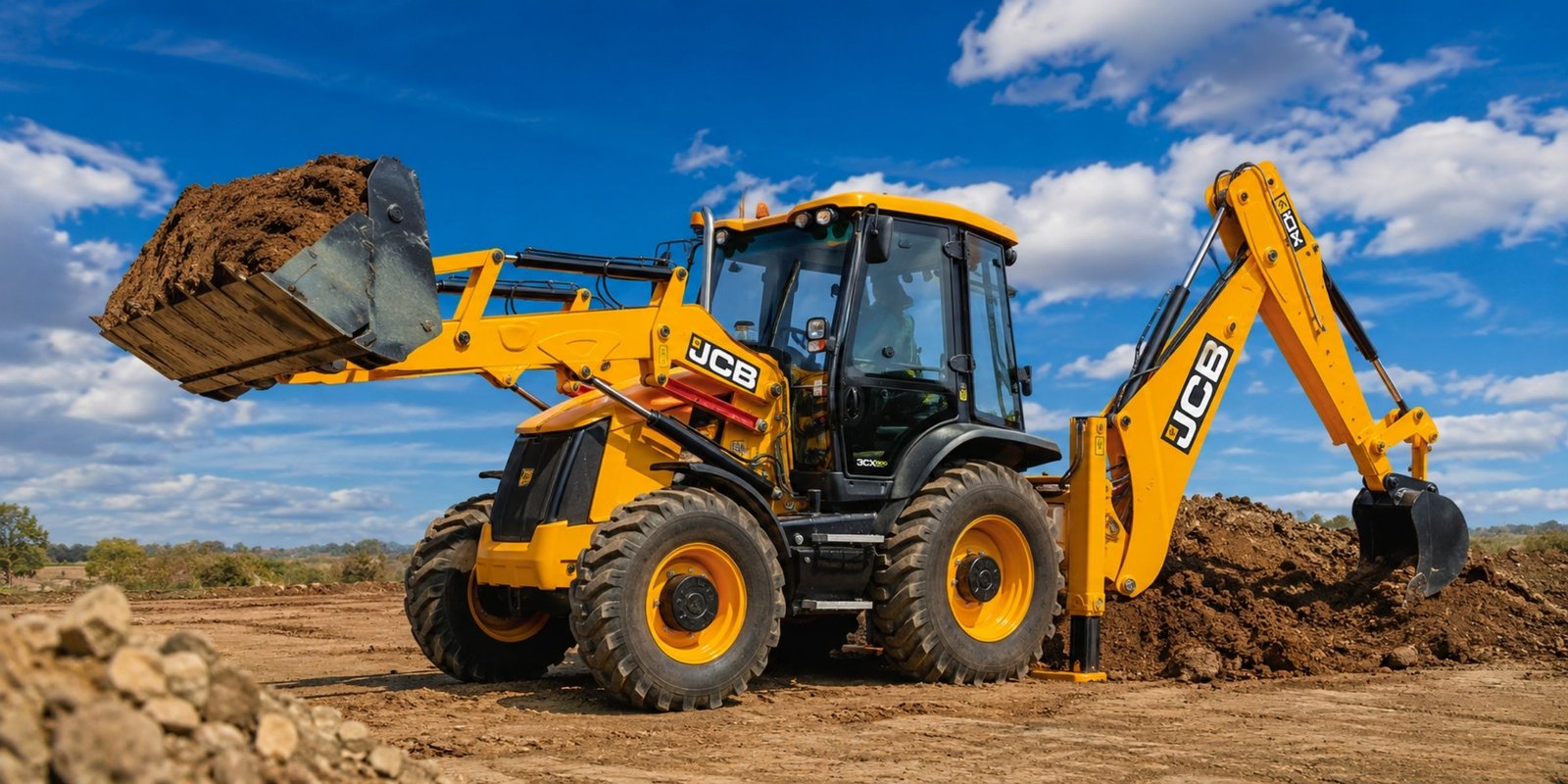 Retroescavadeira JCB da MK Terraplanagem em operação ao entardecer